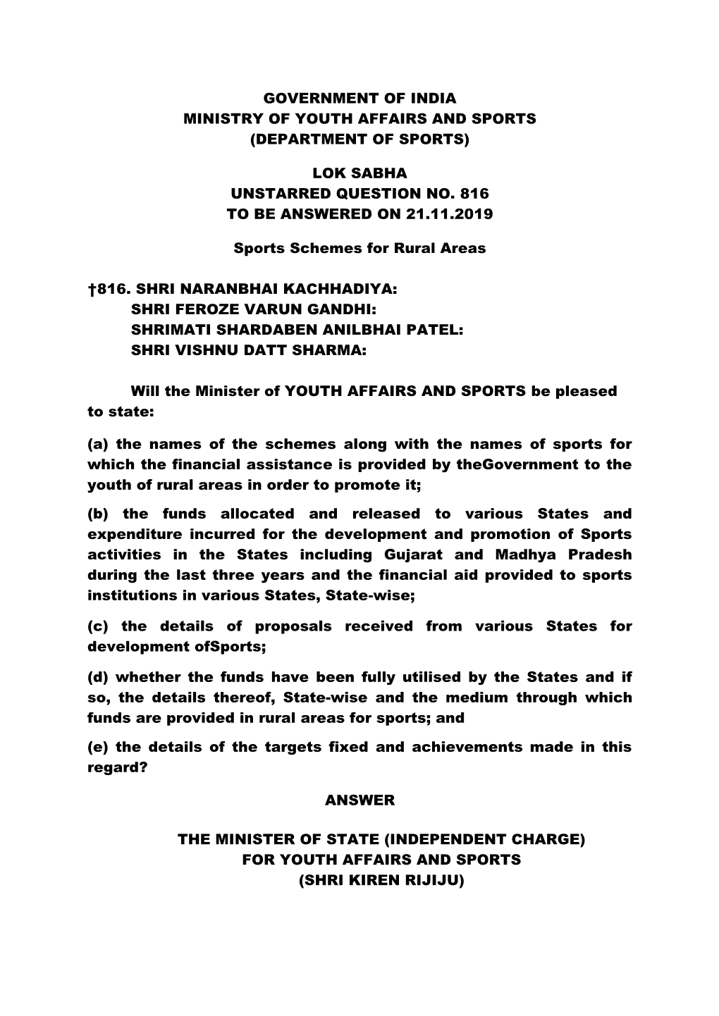 Lok Sabha Unstarred Question No. 816 to Be Answered on 21.11.2019