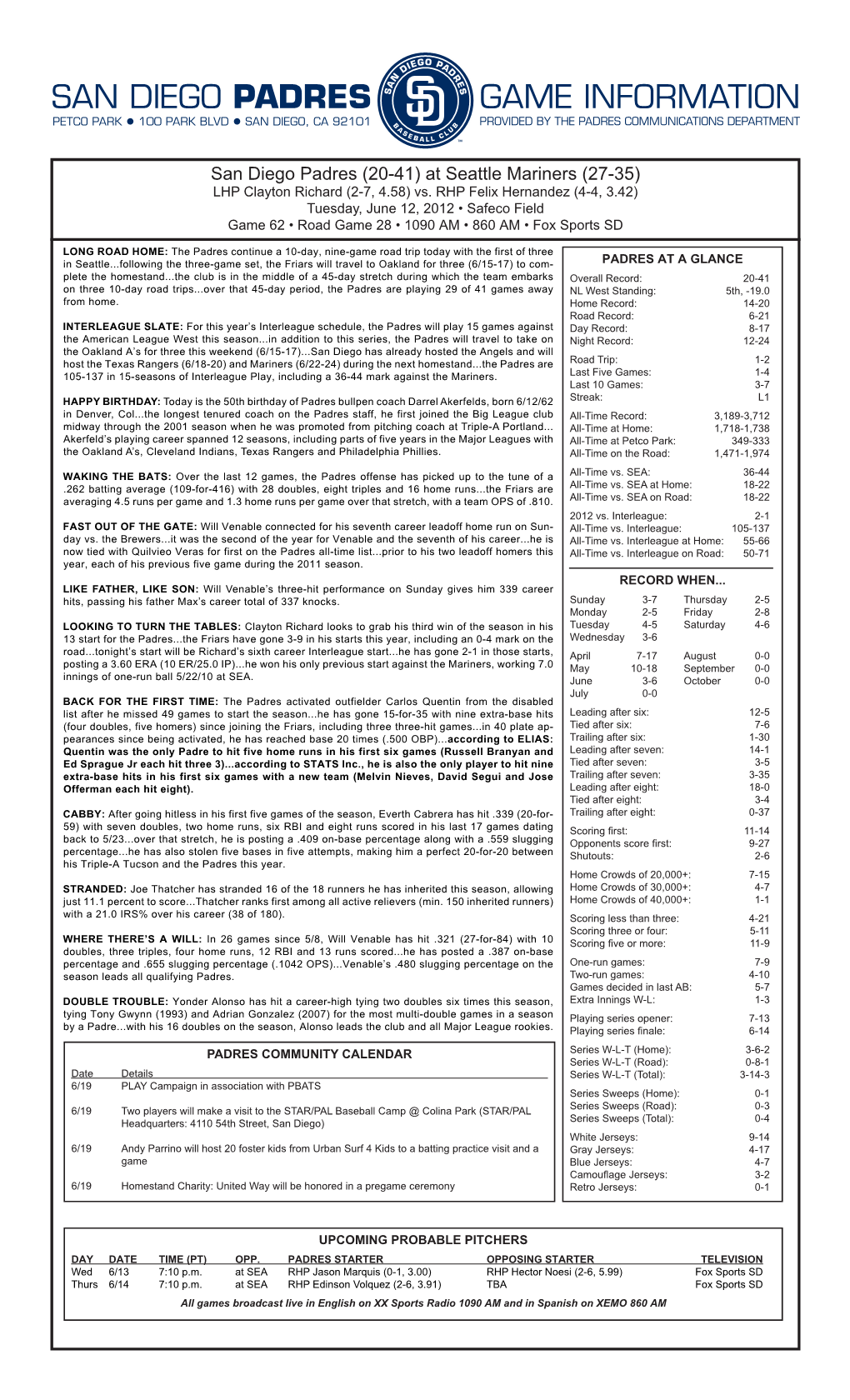 Game Information San Diego Padres