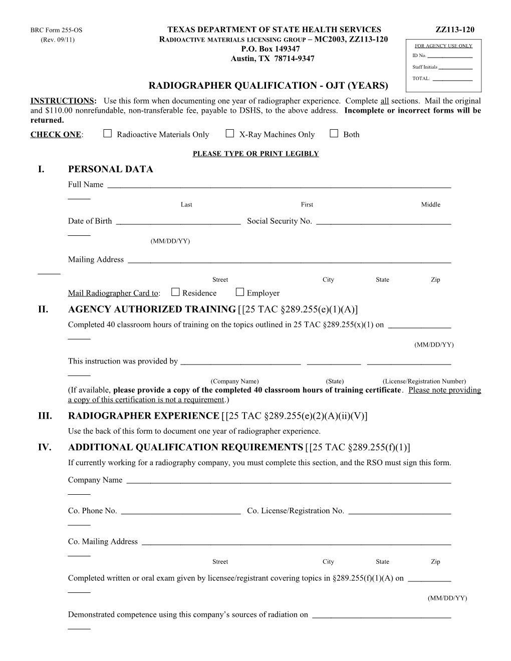 BRC Form 255-OS TEXAS DEPARTMENT of STATE HEALTH SERVICES ZZ113-120