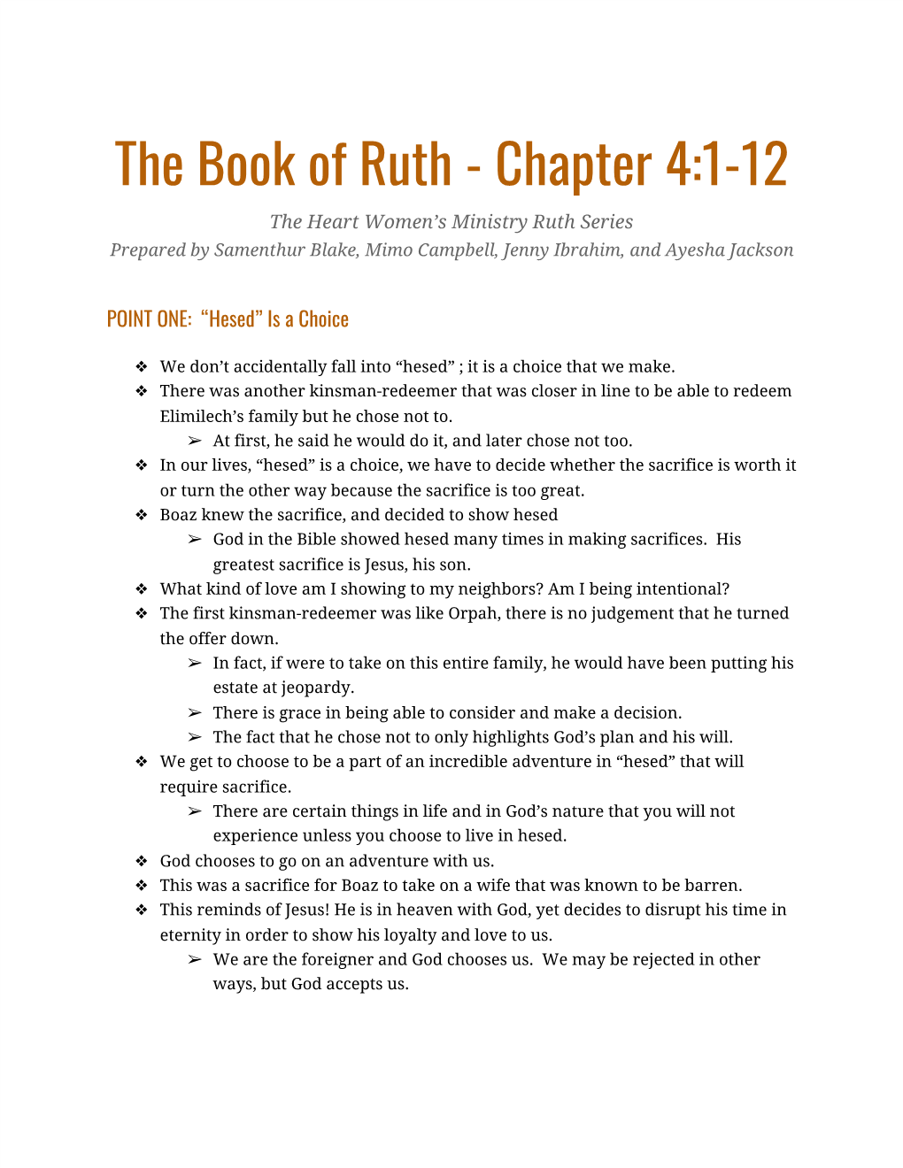 The Book of Ruth - Chapter 4:1-12 the Heart Women’S Ministry Ruth Series Prepared by Samenthur Blake, Mimo Campbell, Jenny Ibrahim, and Ayesha Jackson