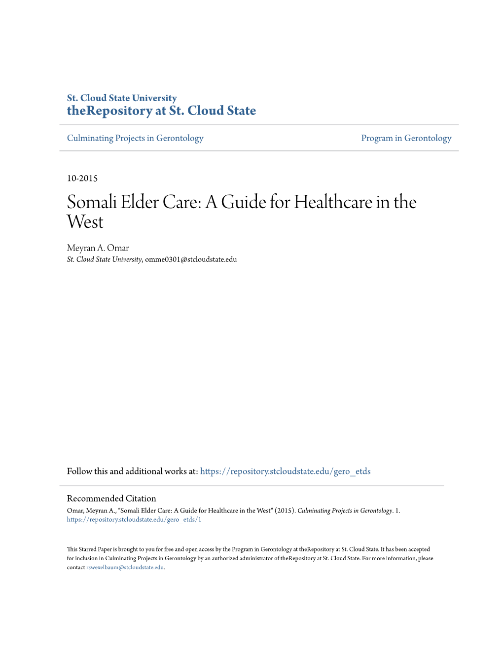 Somali Elder Care: a Guide for Healthcare in the West Meyran A