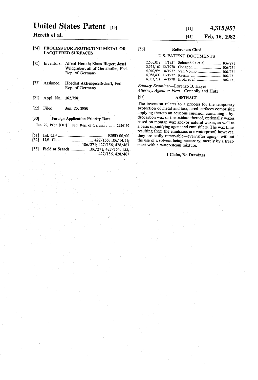 United States Patent (19) (11) 4,315,957 Hereth Et Al