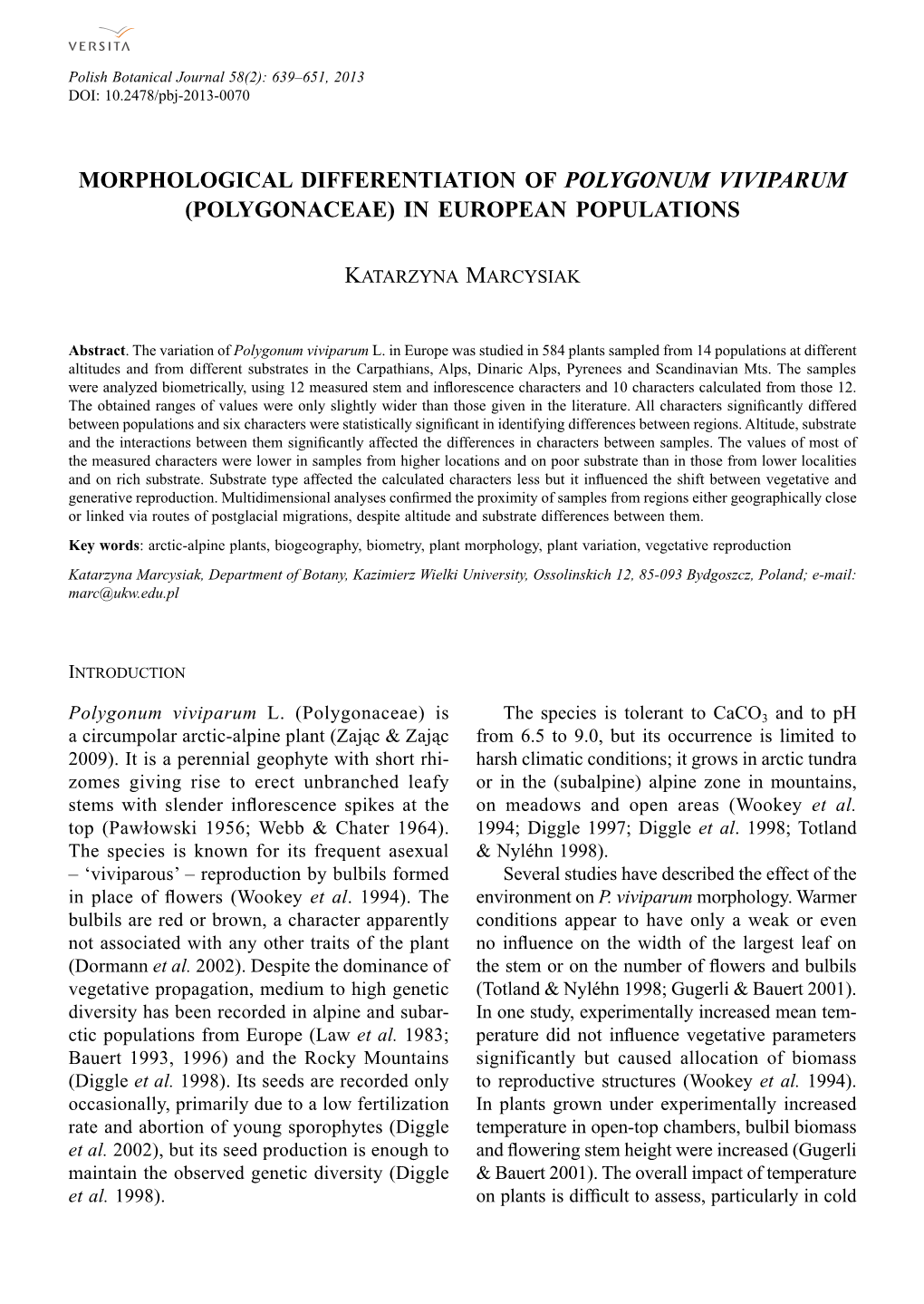 Morphological Differentiation of Polygonum Viviparum (Polygonaceae) in European Populations