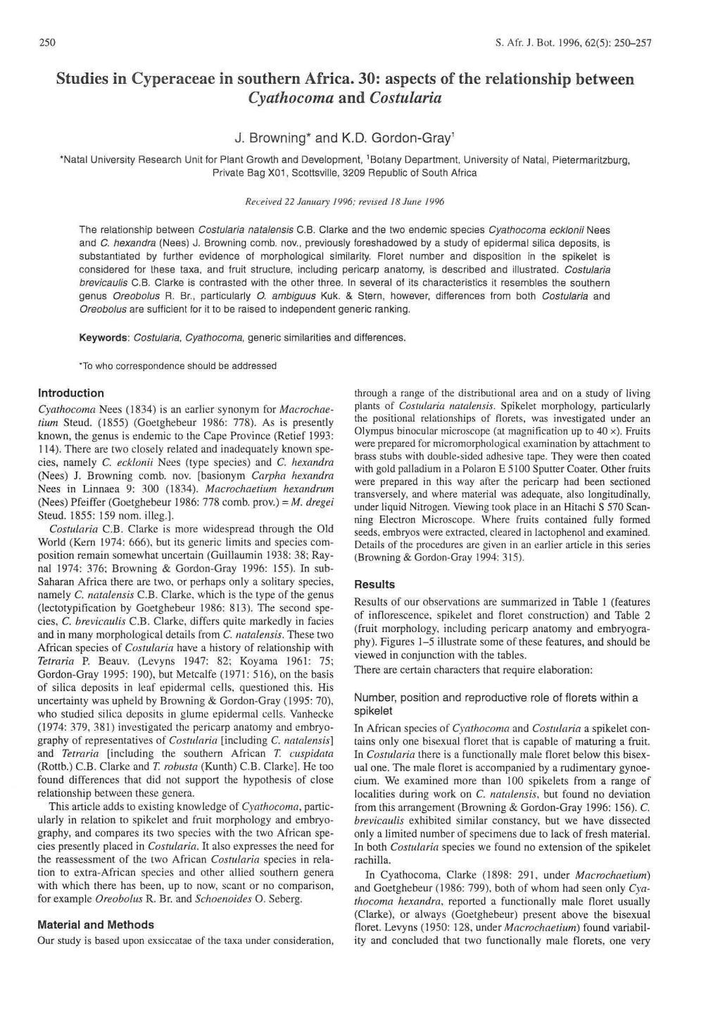 Studies in Cyperaceae in Southern Africa. 30: Aspects of the Relationship Between Cyathocoma and Costularia