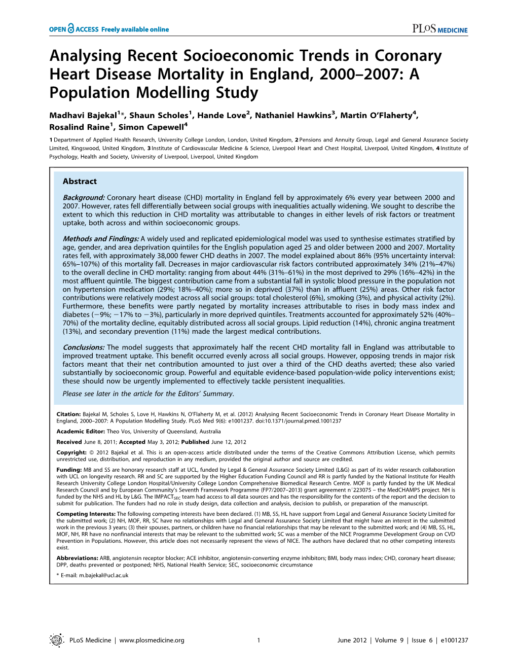 Analysing Recent Socioeconomic Trends in Coronary Heart Disease Mortality in England, 2000–2007: a Population Modelling Study