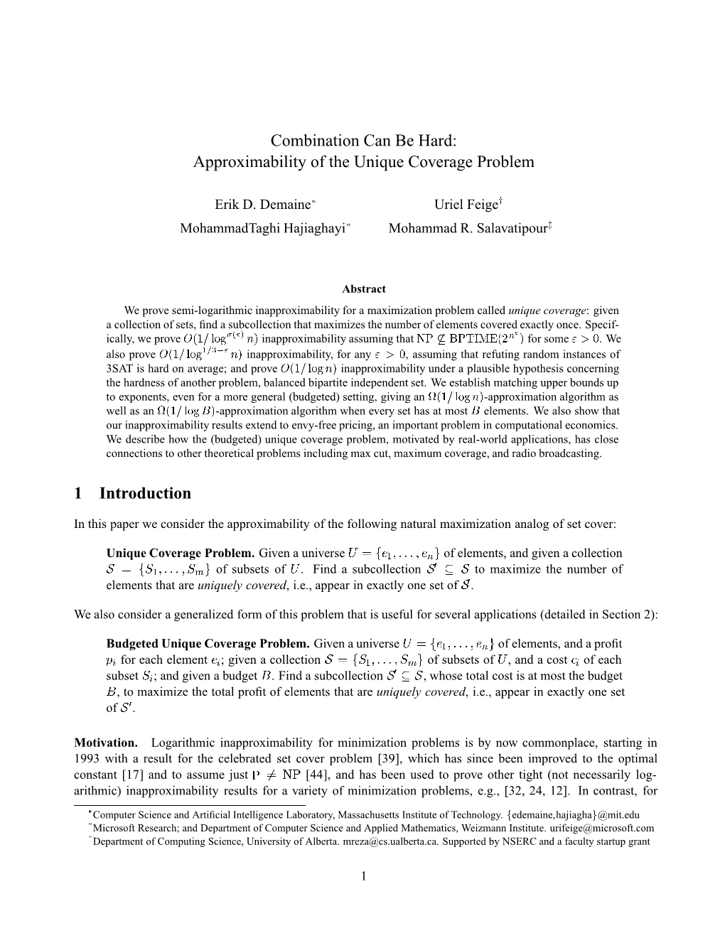 Approximability of the Unique Coverage Problem 1 Introduction