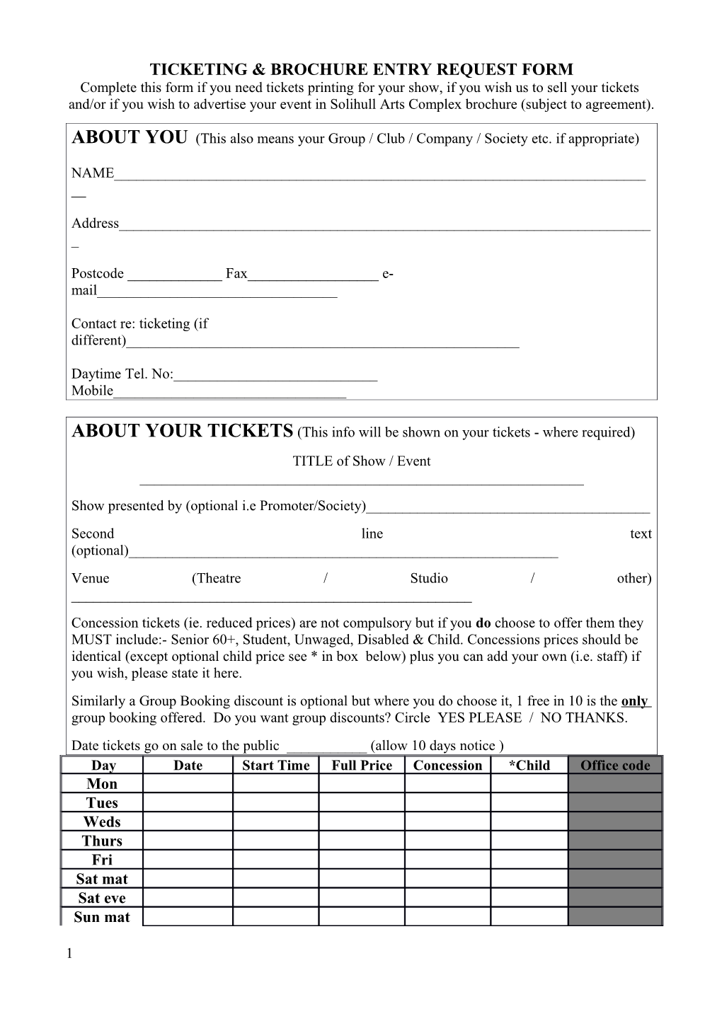 Solihull Arts Complex - Ticket Printing Request Form