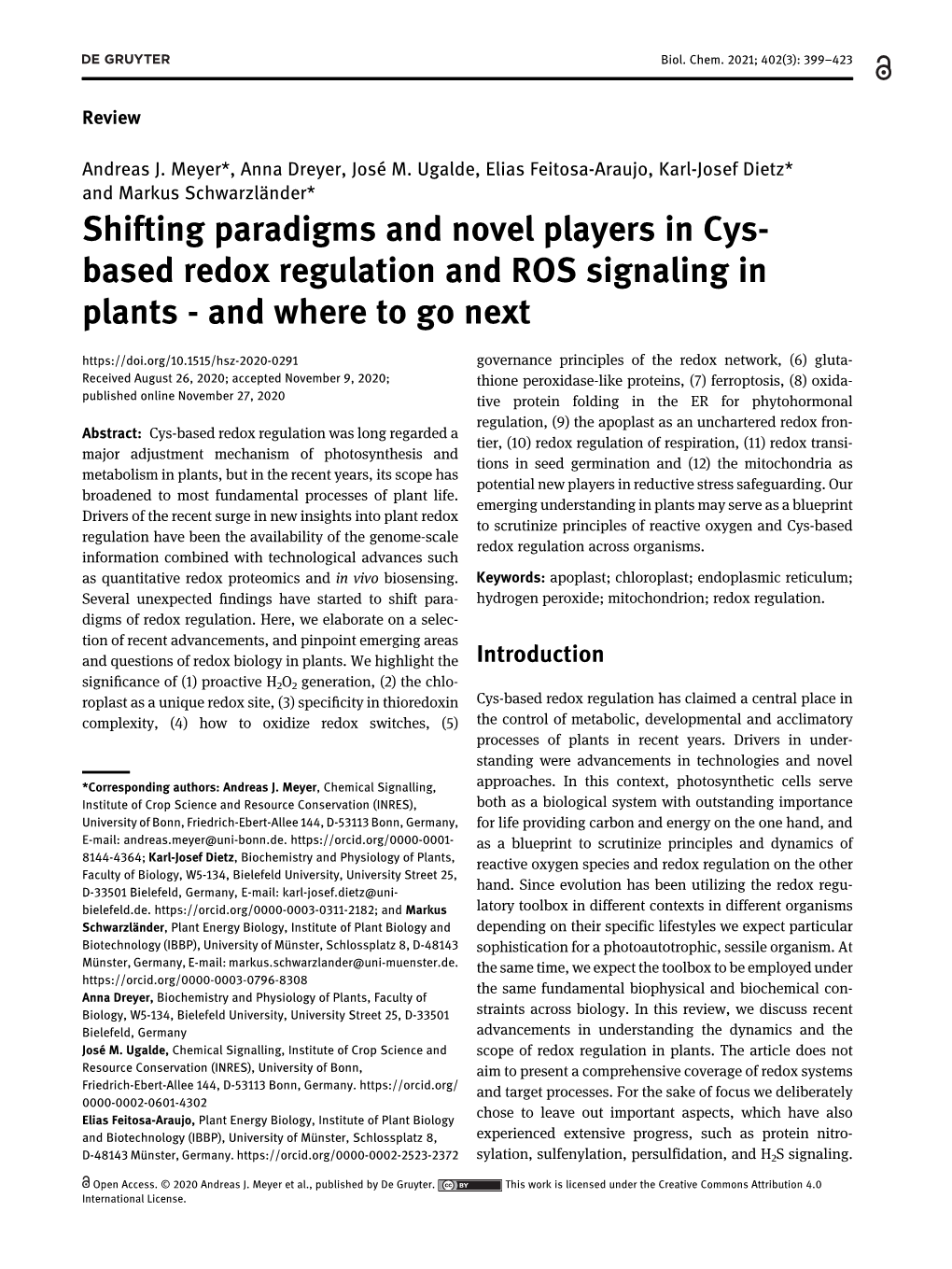 Shifting Paradigms and Novel Players in Cys- Based Redox Regulation and ROS Signaling in Plants