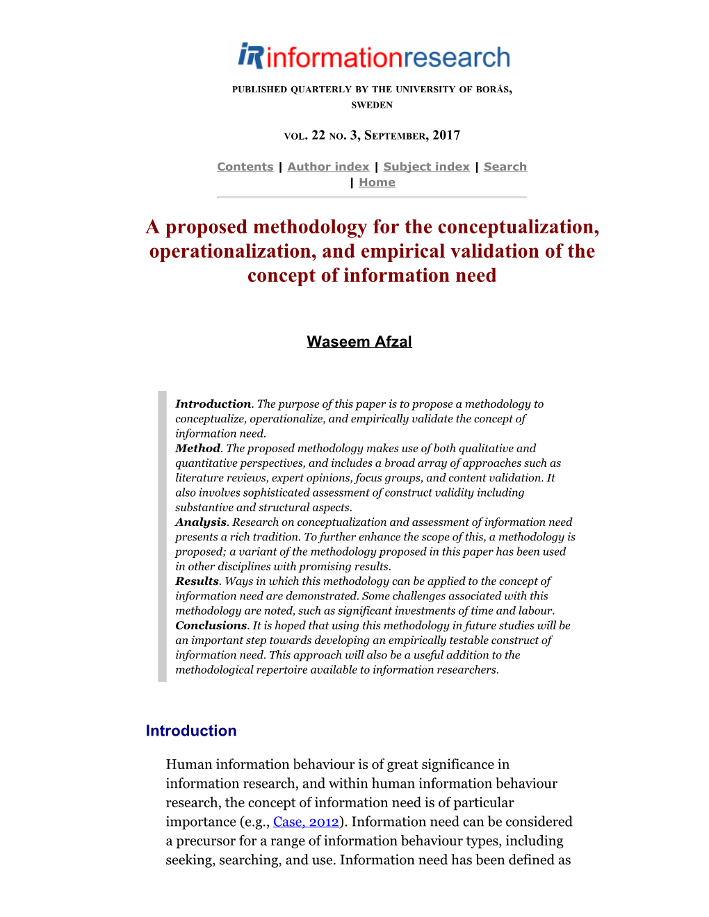 A Proposed Methodology for the Conceptualization, Operationalization, and Empirical Validation of the Concept of Information Need