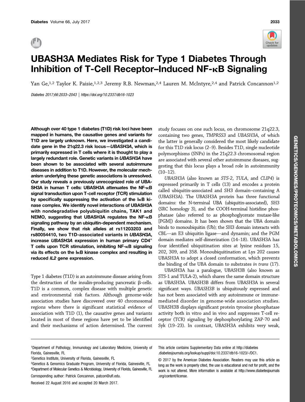 UBASH3A Mediates Risk for Type 1 Diabetes Through Inhibition of T-Cell Receptor–Induced NF-Kb Signaling