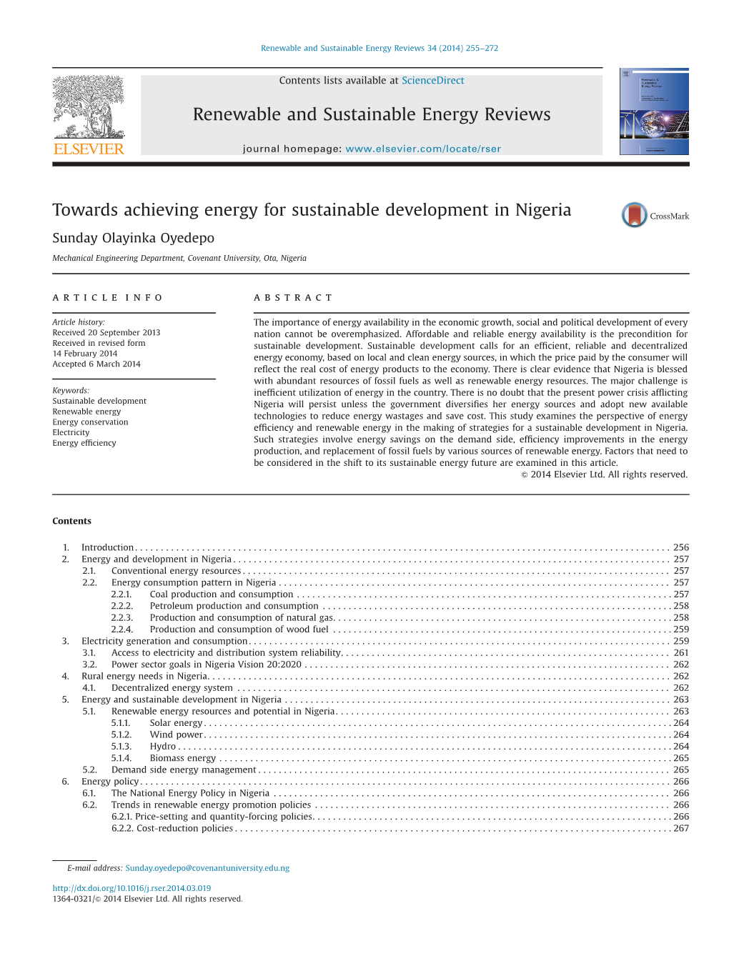 Towards Achieving Energy for Sustainable Development in Nigeria