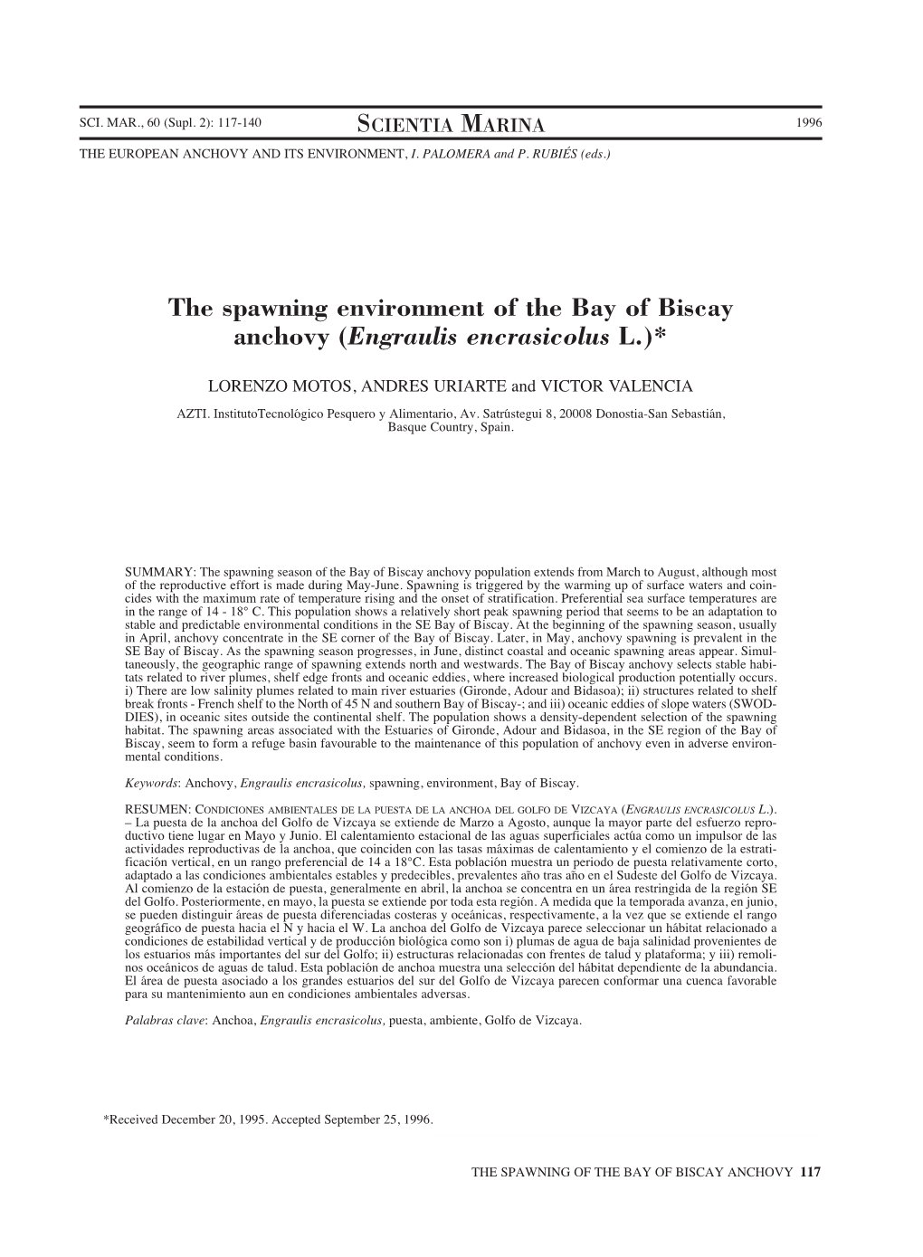 The Spawning Environment of the Bay of Biscay Anchovy (Engraulis Encrasicolus L.)*