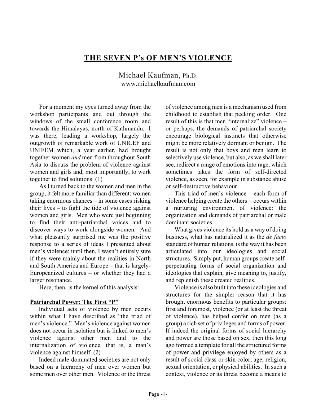 THE SEVEN P's of MEN's VIOLENCE Michael Kaufman, Ph.D