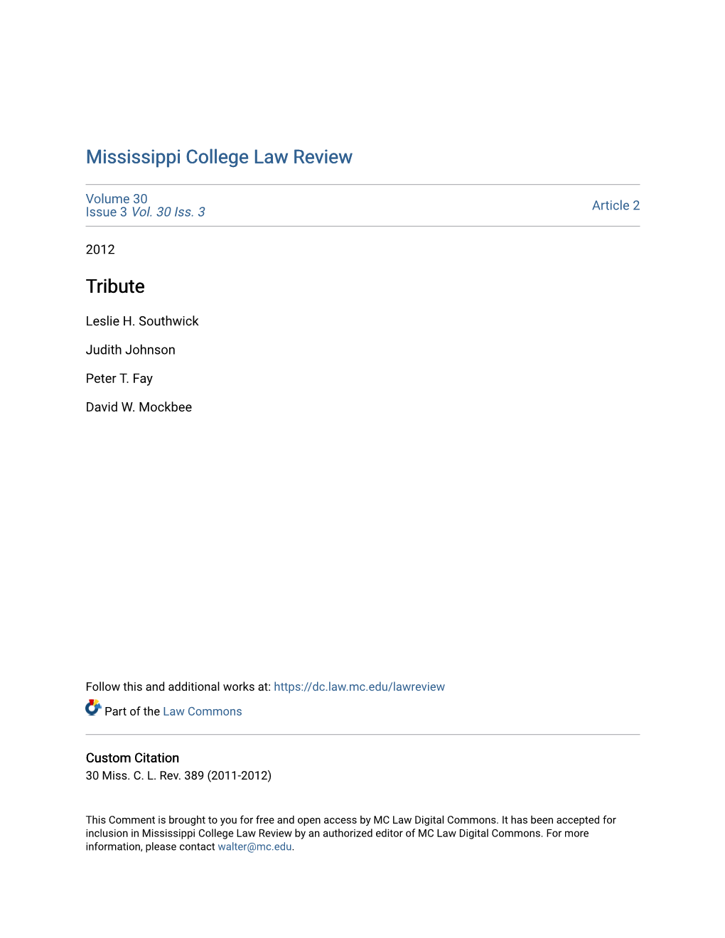 Mississippi College Law Review Tribute