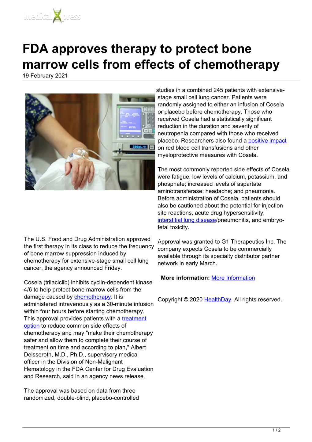 FDA Approves Therapy to Protect Bone Marrow Cells from Effects of Chemotherapy 19 February 2021
