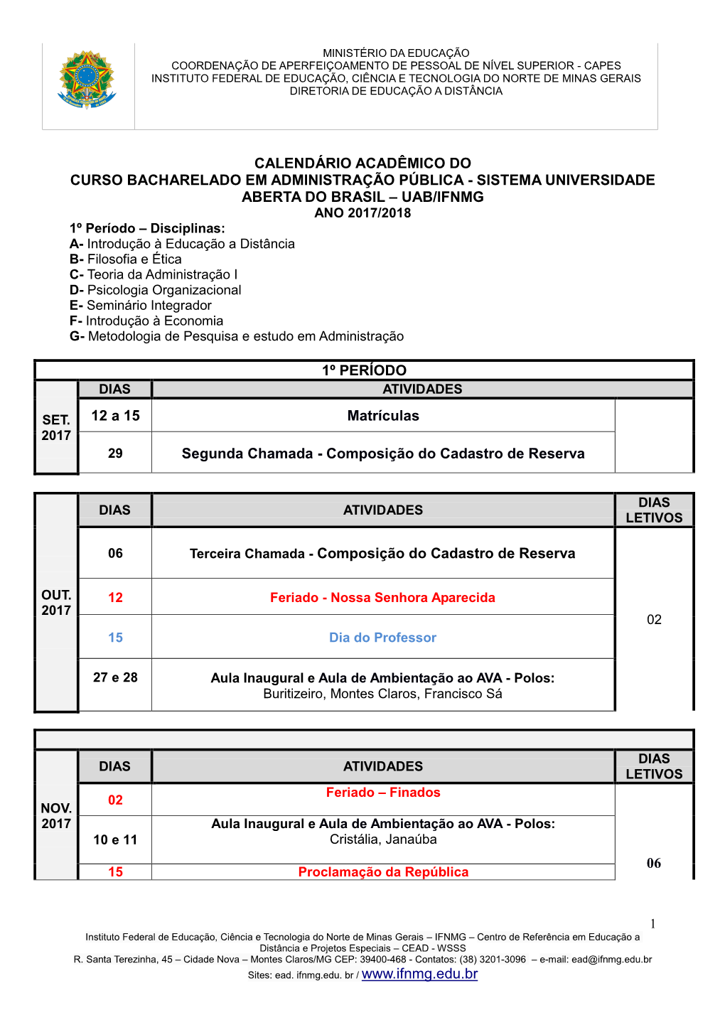 Calendário Acadêmico Do Curso Bacharelado Em Administração Pública