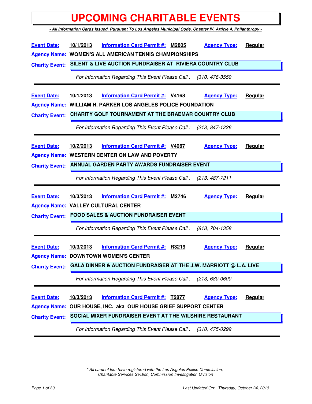 UPCOMING CHARITABLE EVENTS - All Information Cards Issued, Pursuant to Los Angeles Municipal Code, Chapter IV, Article 4, Philanthropy