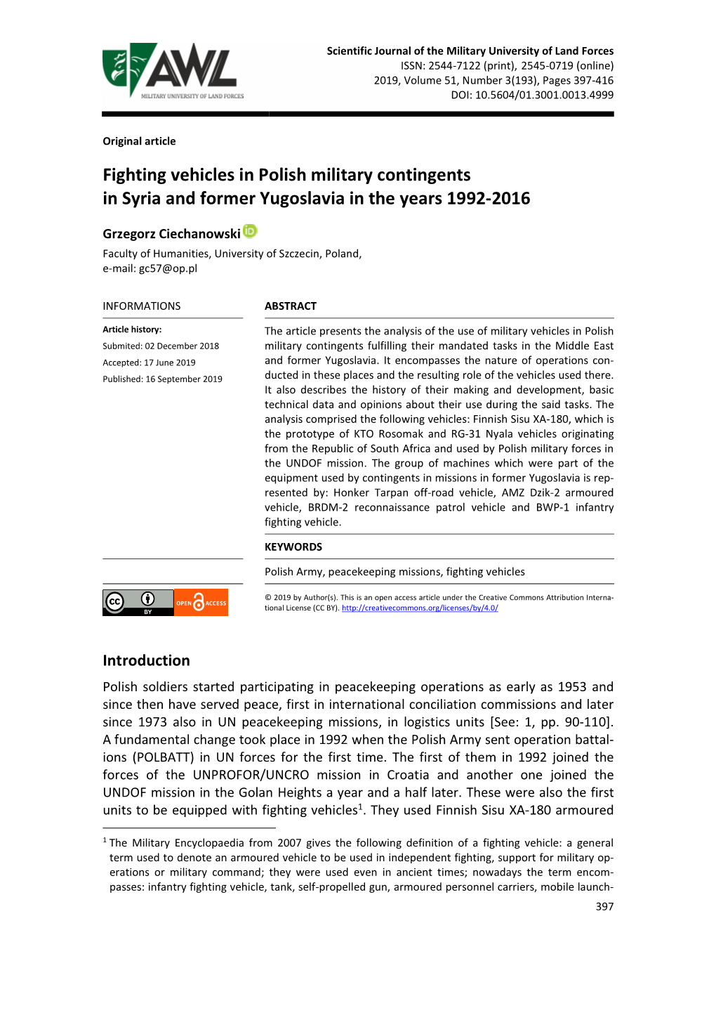 Fighting Vehicles in Polish Military Contingents in Syria and Former Yugoslavia in the Years 1992-2016