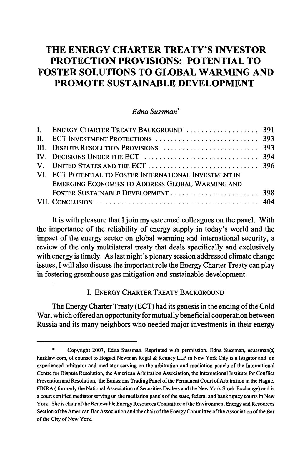 The Energy Charter Treaty's Investor Protection Provisions: Potential to Foster Solutions to Global Warming and Promote Sustainable Development
