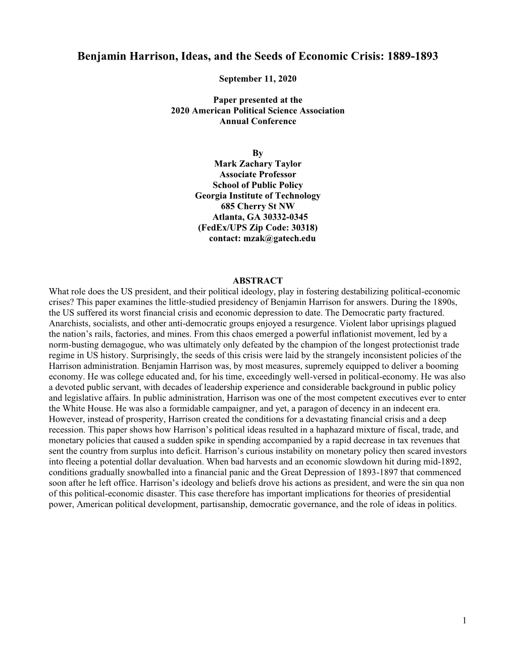 Benjamin Harrison, Ideas, and the Seeds of Economic Crisis: 1889-1893