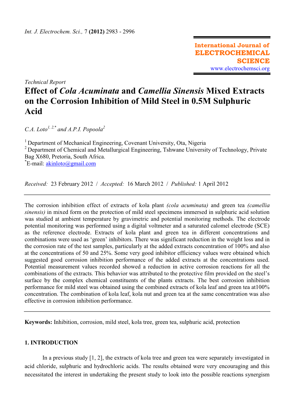 Effect of Cola Acuminata and Camellia Sinensis Mixed Extracts on the Corrosion Inhibition of Mild Steel in 0.5M Sulphuric Acid