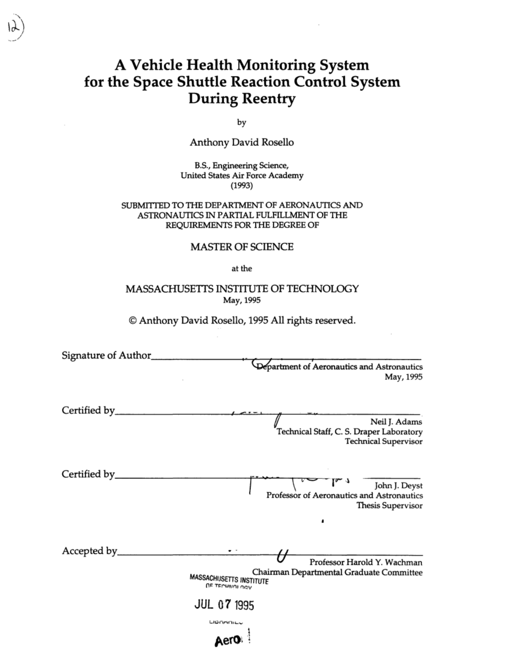 A Vehicle Health Monitoring System for the Space Shuttle Reaction Control System During Reentry