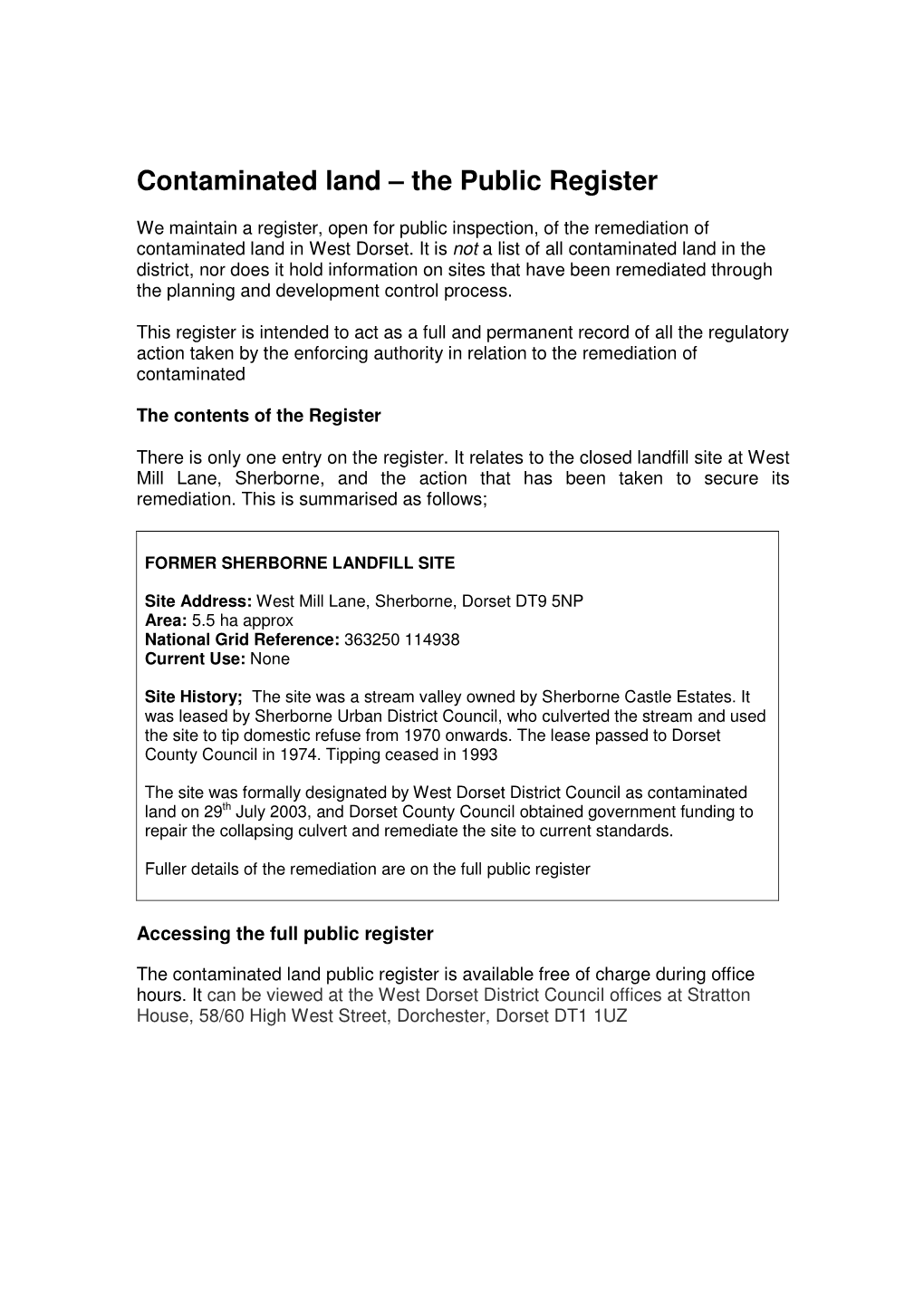 West Dorset Contaminated Land Public Register