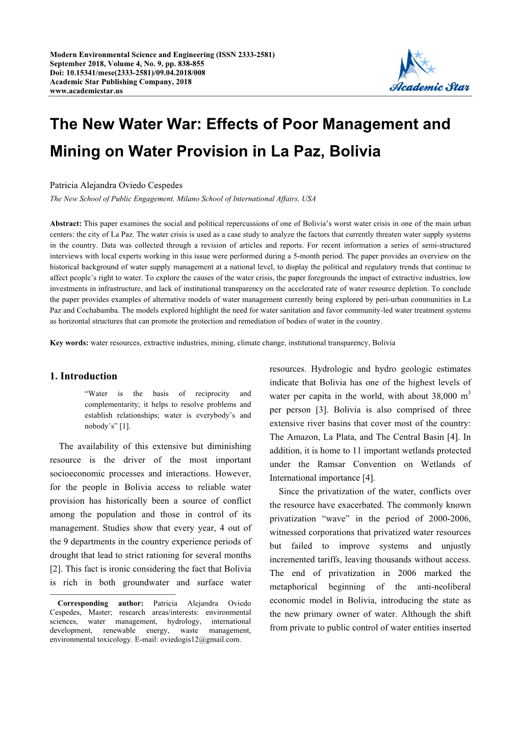 Effects of Poor Management and Mining on Water Provision in La Paz, Bolivia