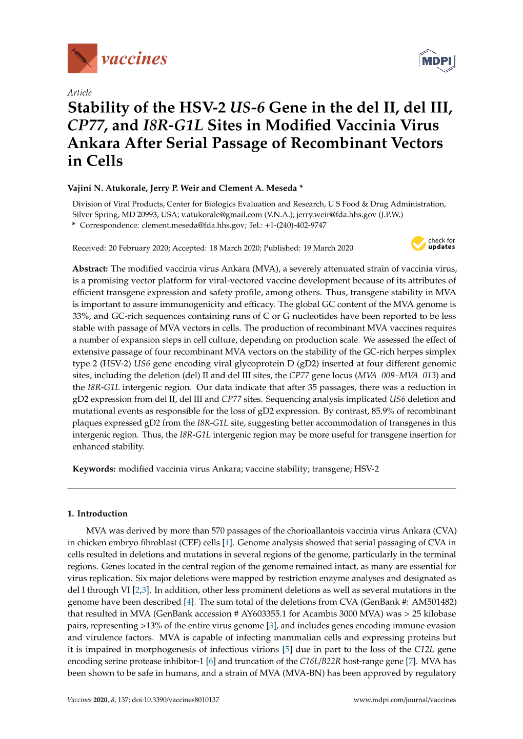 Stability of the HSV-2 US-6 Gene in the Del II, Del III, CP77, and I8R-G1L Sites in Modified Vaccinia Virus Ankara After Serial