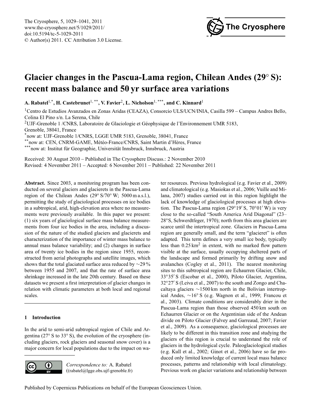 Glacier Changes in the Pascua-Lama Region, Chilean Andes (29 S