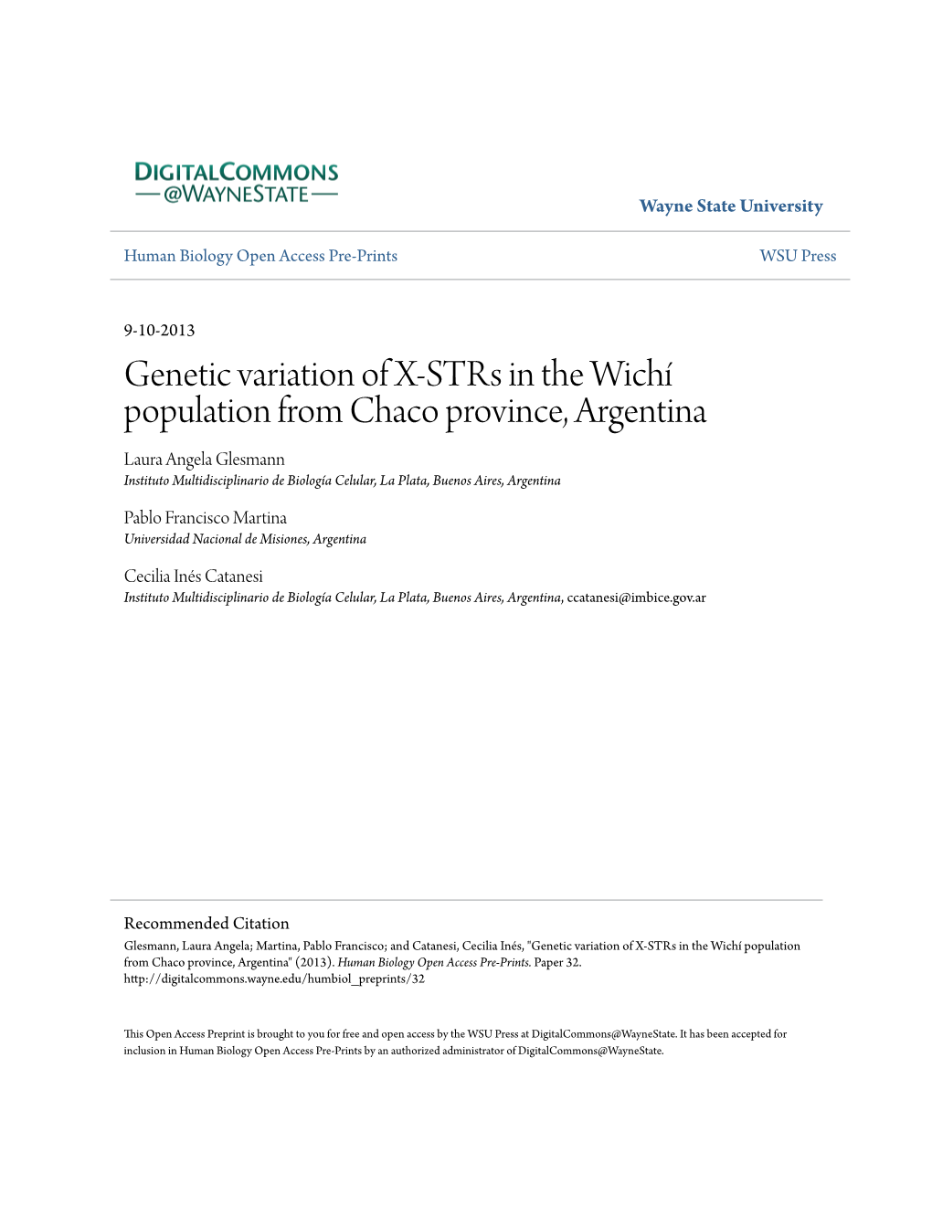 Genetic Variation of X-Strs in the Wichí Population from Chaco