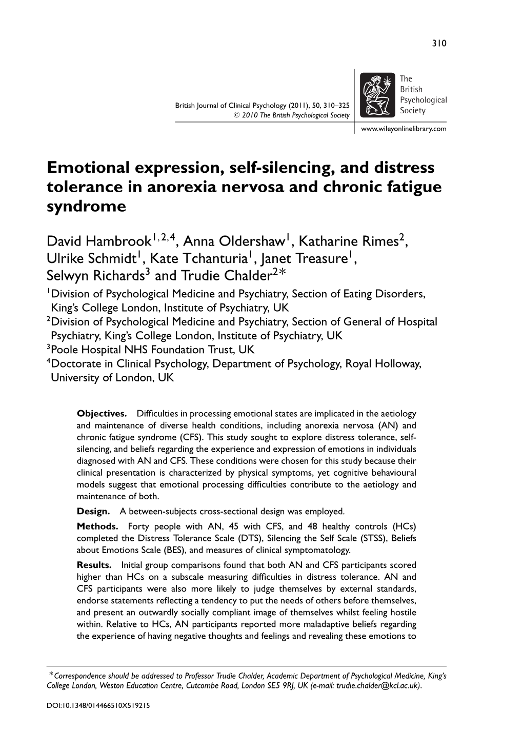 Emotional Expression, Selfsilencing, and Distress Tolerance in Anorexia