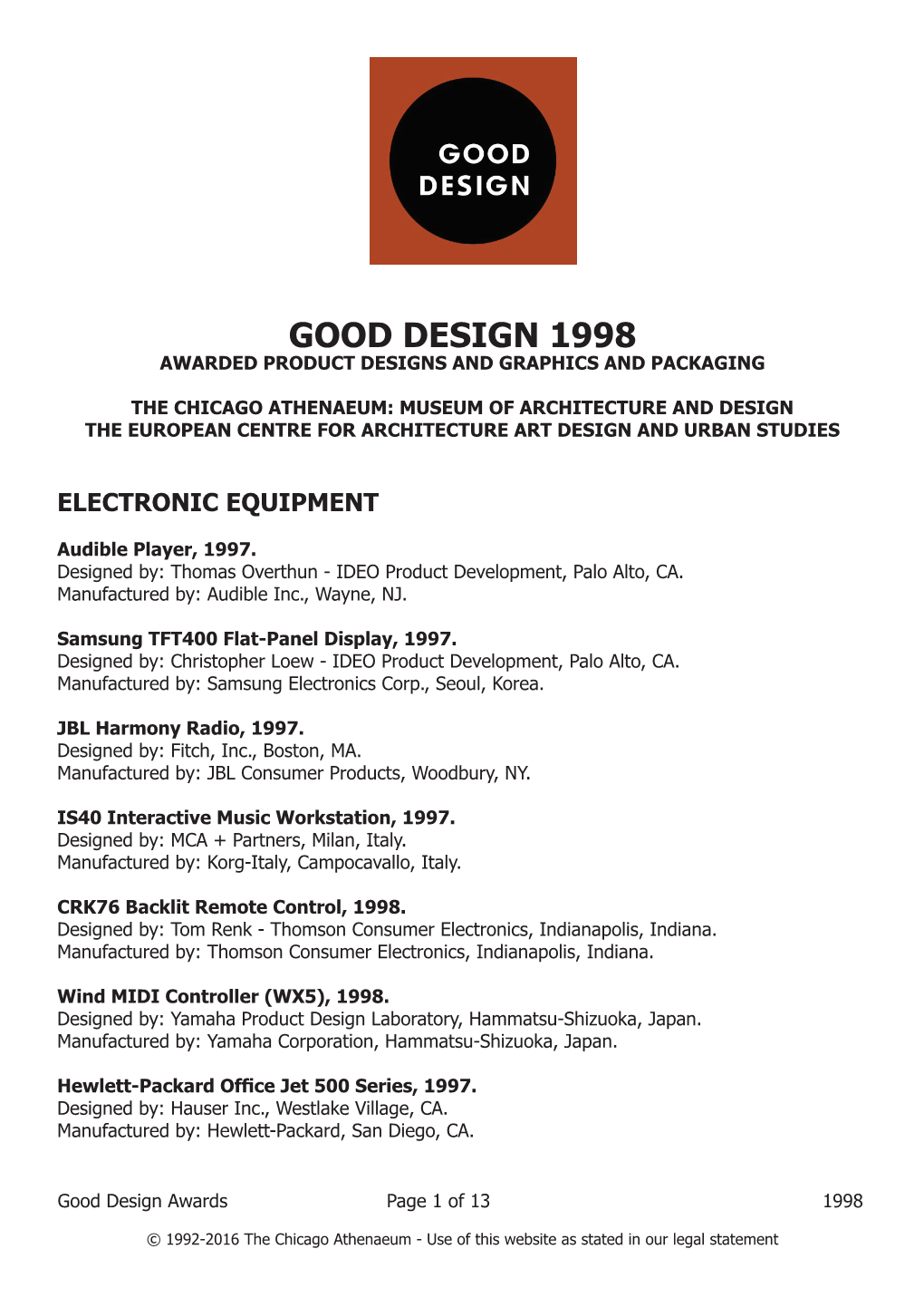 Good Design 1998 Awarded Product Designs and Graphics and Packaging