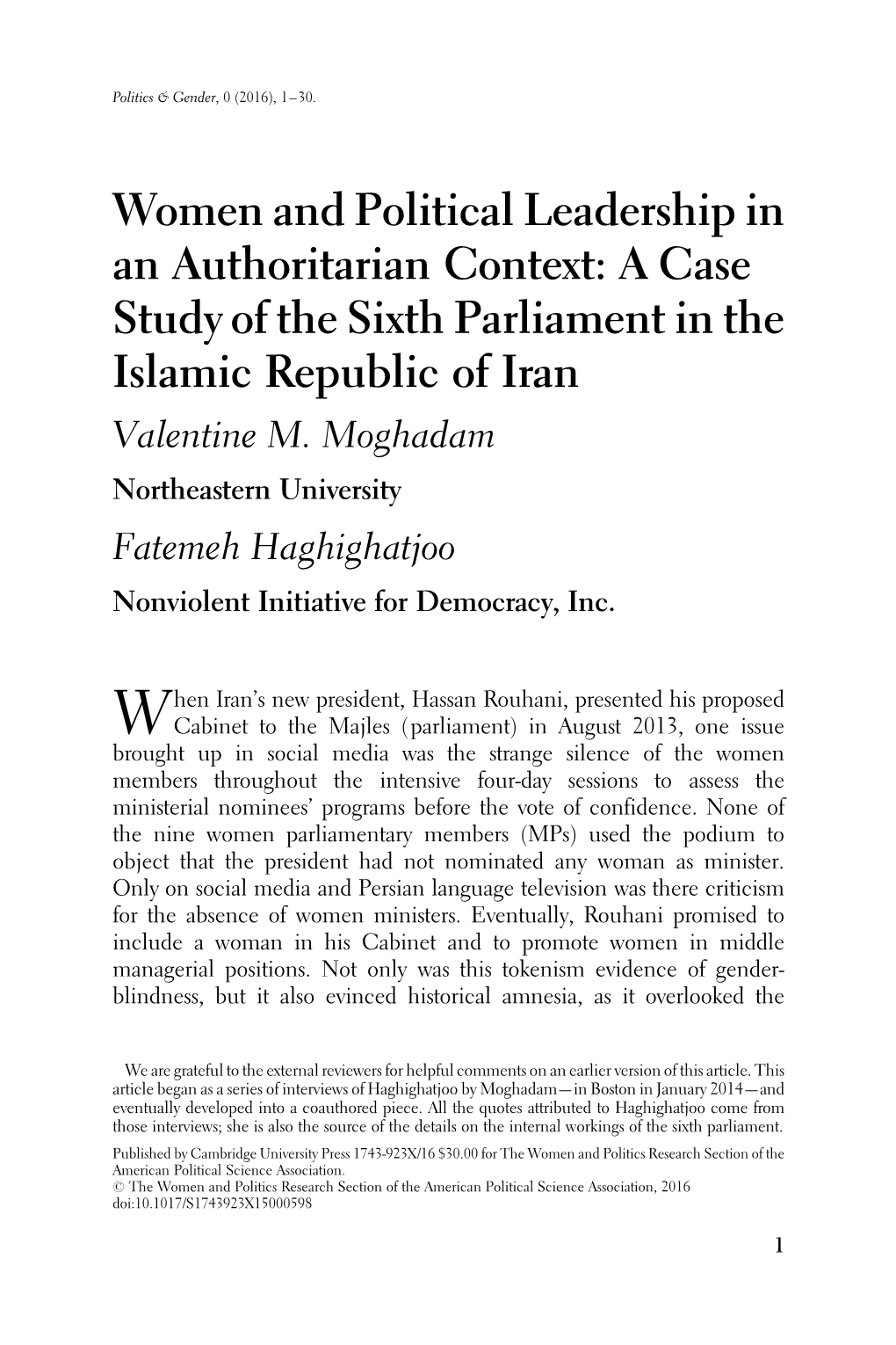 Women and Political Leadership in an Authoritarian Context: a Case Study of the Sixth Parliament in the Islamic Republic of Iran Valentine M