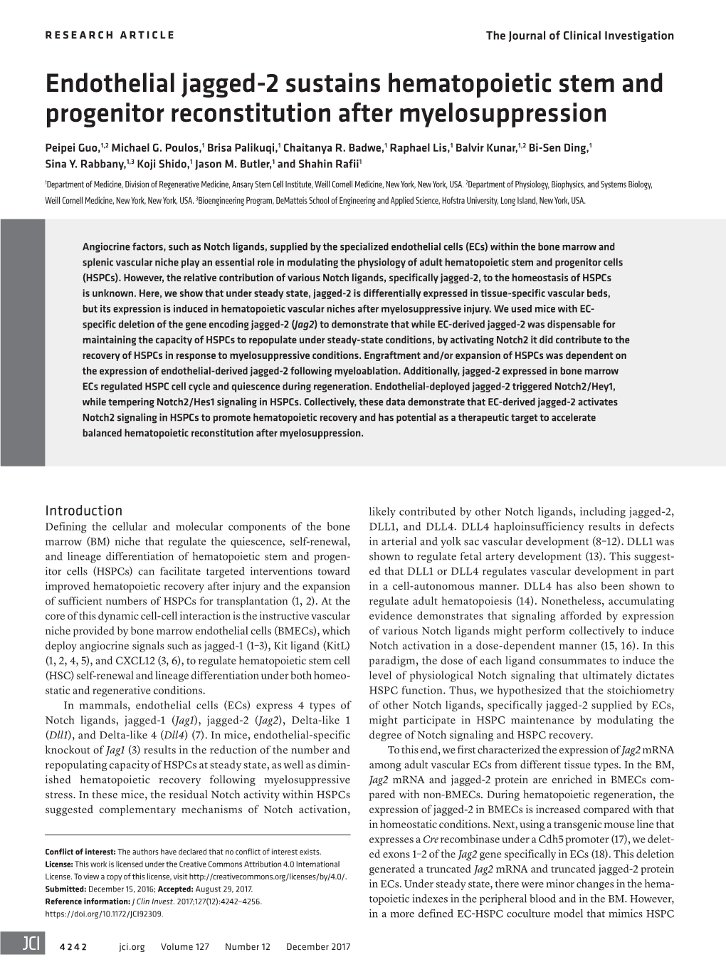 Endothelial Jagged-2 Sustains Hematopoietic Stem and Progenitor Reconstitution After Myelosuppression