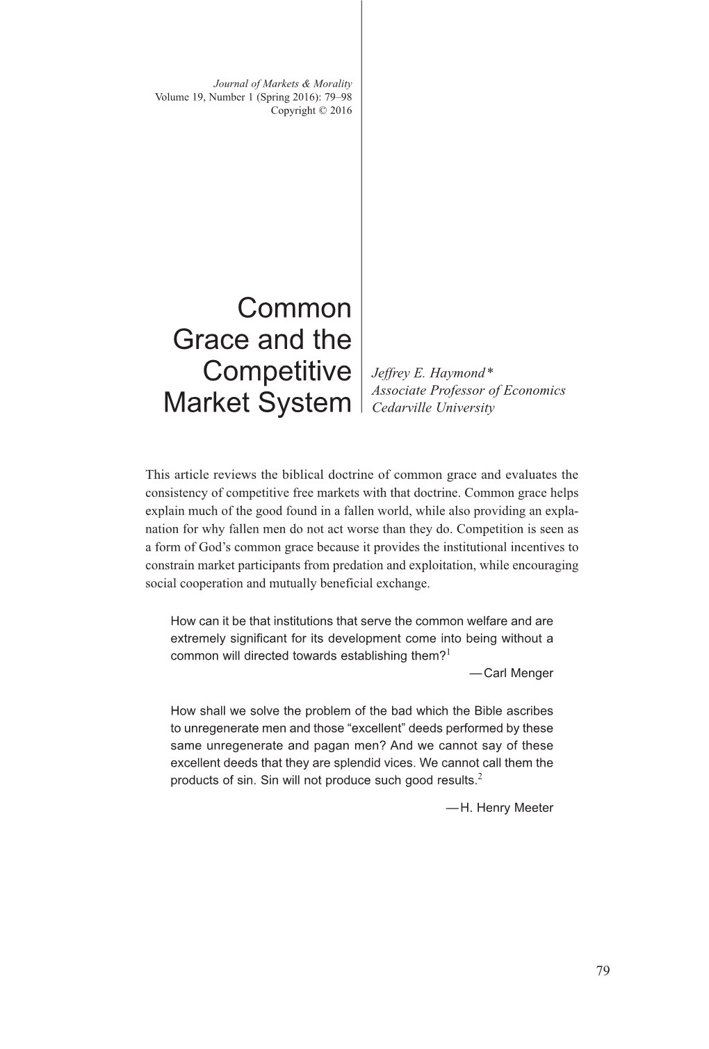 Common Grace and the Competitive Market System
