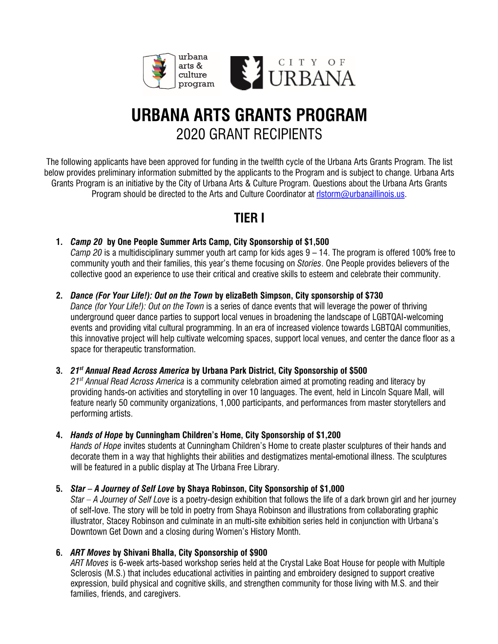 Urbana Arts Grants Program 2020 Grant Recipients