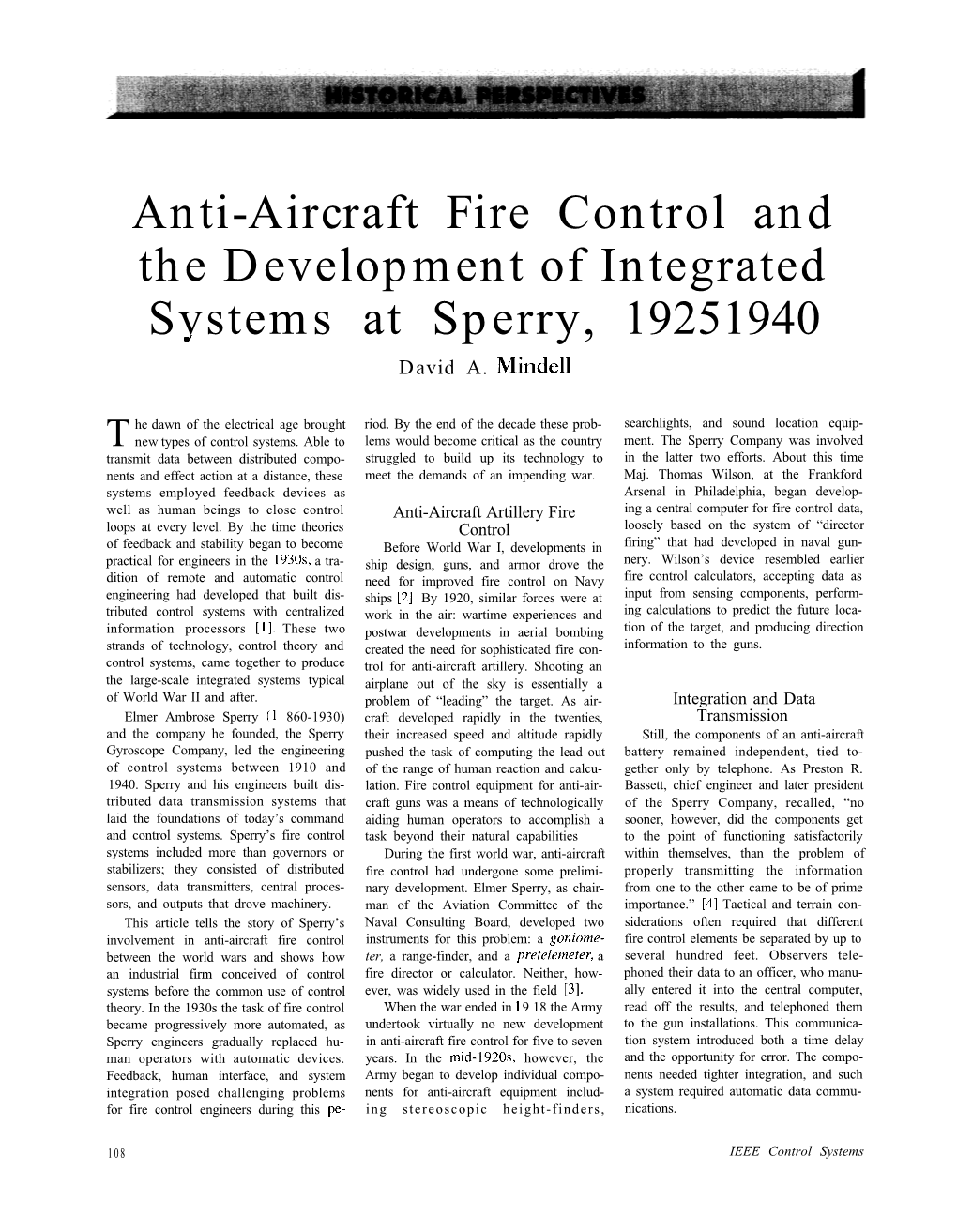 Anti-Aircraft Fire Control and the Development of Integrated Systems at Sperry, 1925-40