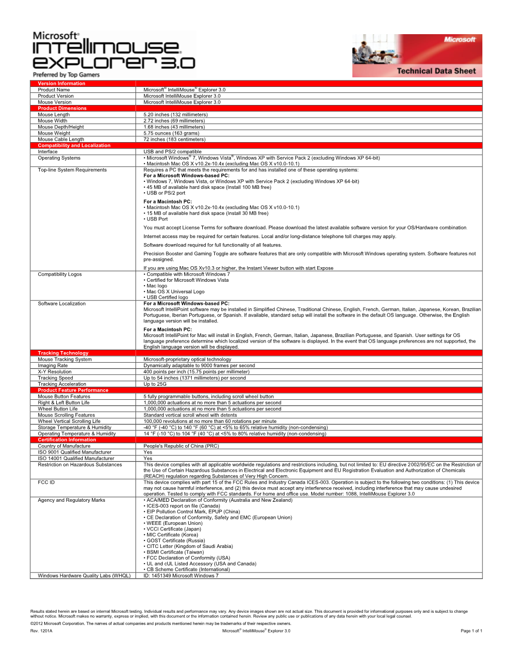 Version Information Product Name Microsoft® Intellimouse® Explorer