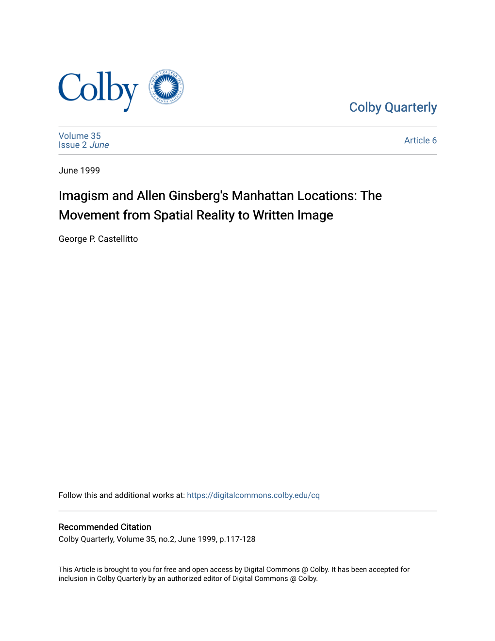 Imagism and Allen Ginsberg's Manhattan Locations: the Movement from Spatial Reality to Written Image