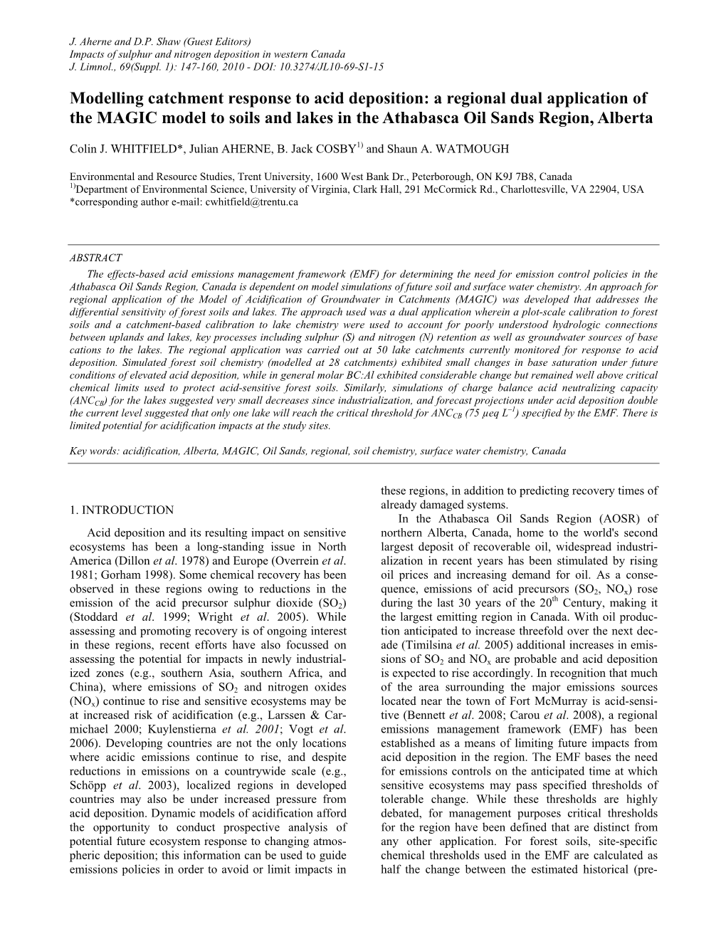 Modelling Catchment Response to Acid Deposition: a Regional Dual Application of the MAGIC Model to Soils and Lakes in the Athabasca Oil Sands Region, Alberta