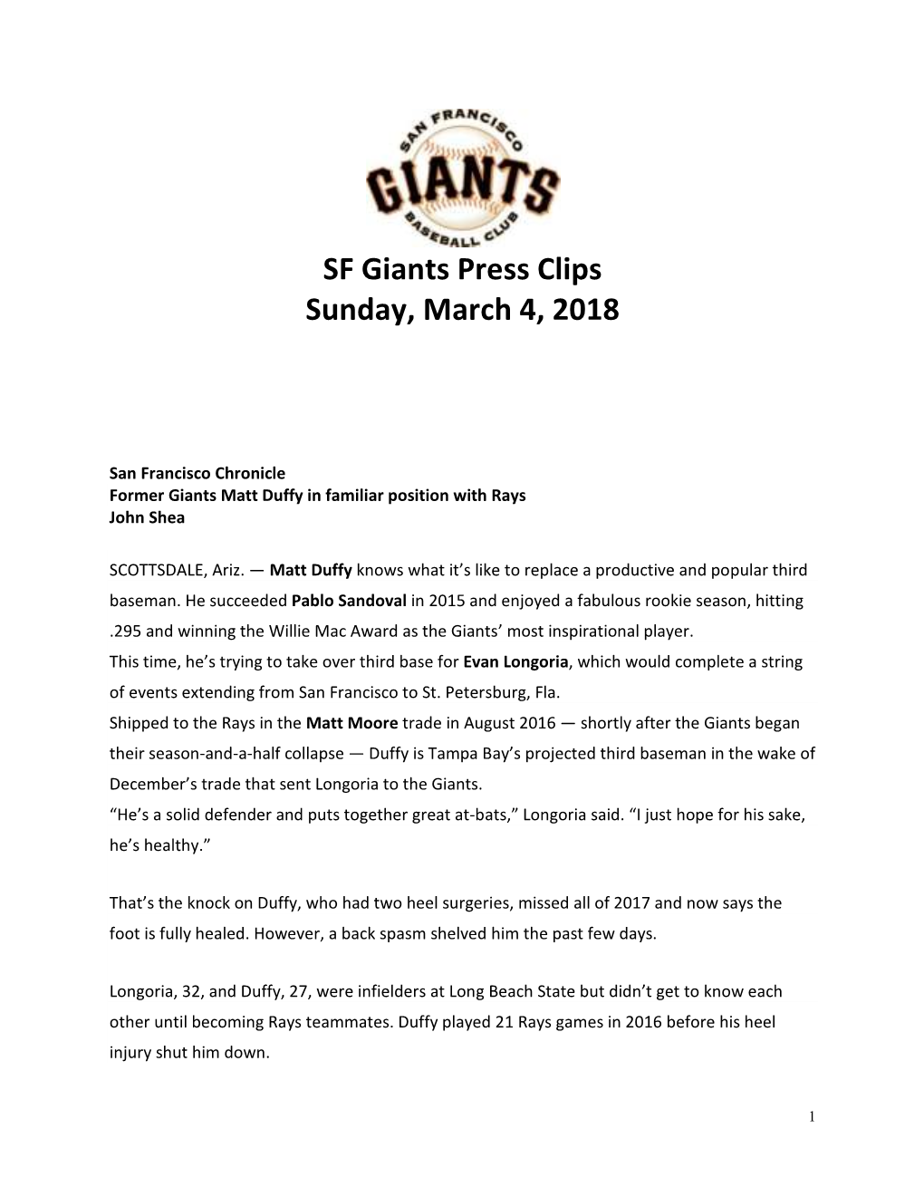 SF Giants Press Clips Sunday, March 4, 2018