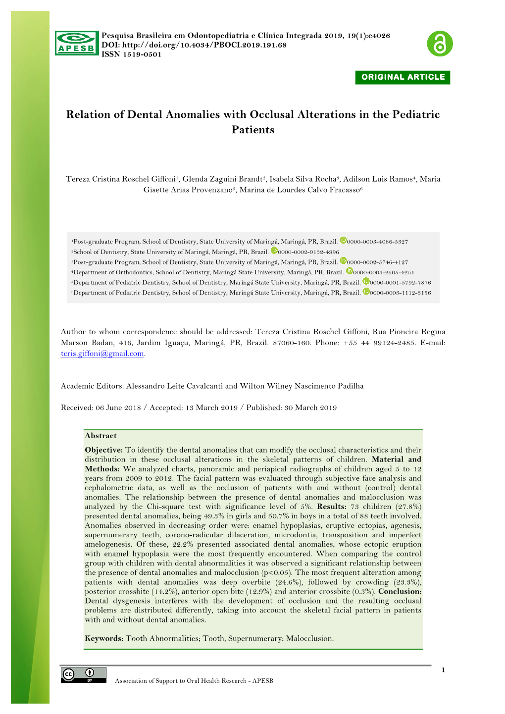 Relation of Dental Anomalies with Occlusal Alterations in the Pediatric Patients