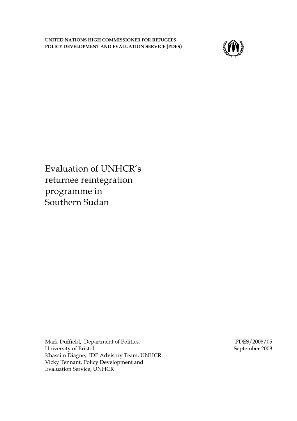 Evaluation of UNHCR's Returnee Reintegration Programme in Southern Sudan