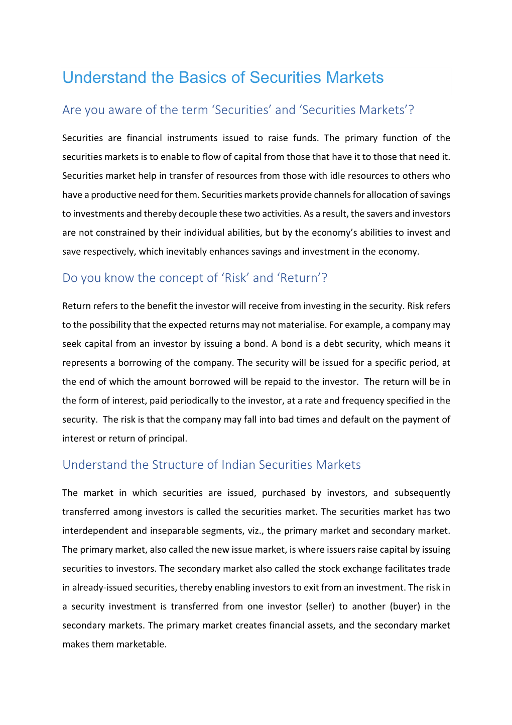 Understand the Basics of Securities Markets