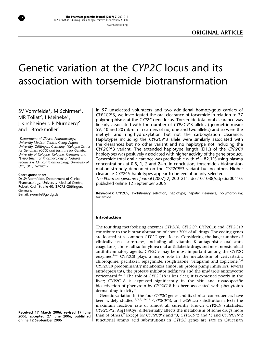 Genetic Variation at the CYP2C Locus and Its Association with Torsemide Biotransformation