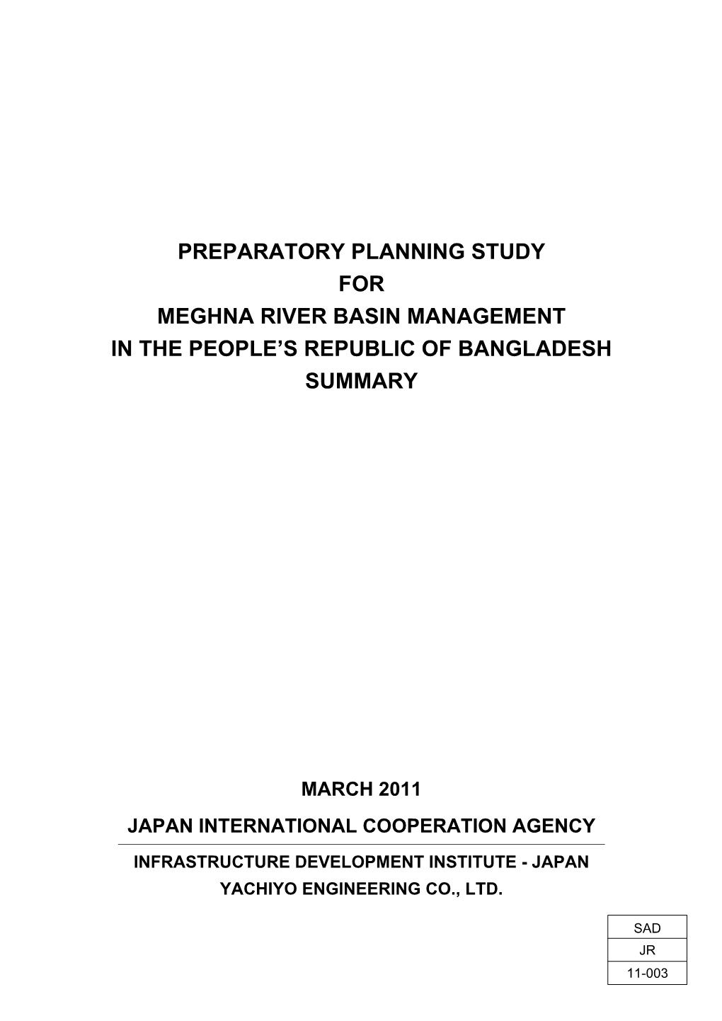 Preparatory Planning Study for Meghna River Basin Management in the People’S Republic of Bangladesh Summary