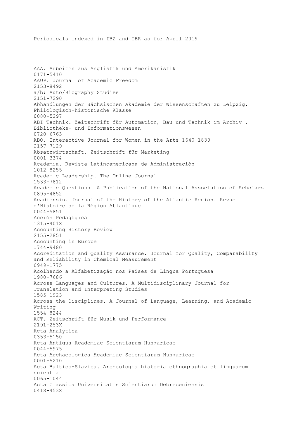 Periodicals Indexed in IBZ and IBR As for April 2019 AAA. Arbeiten Aus