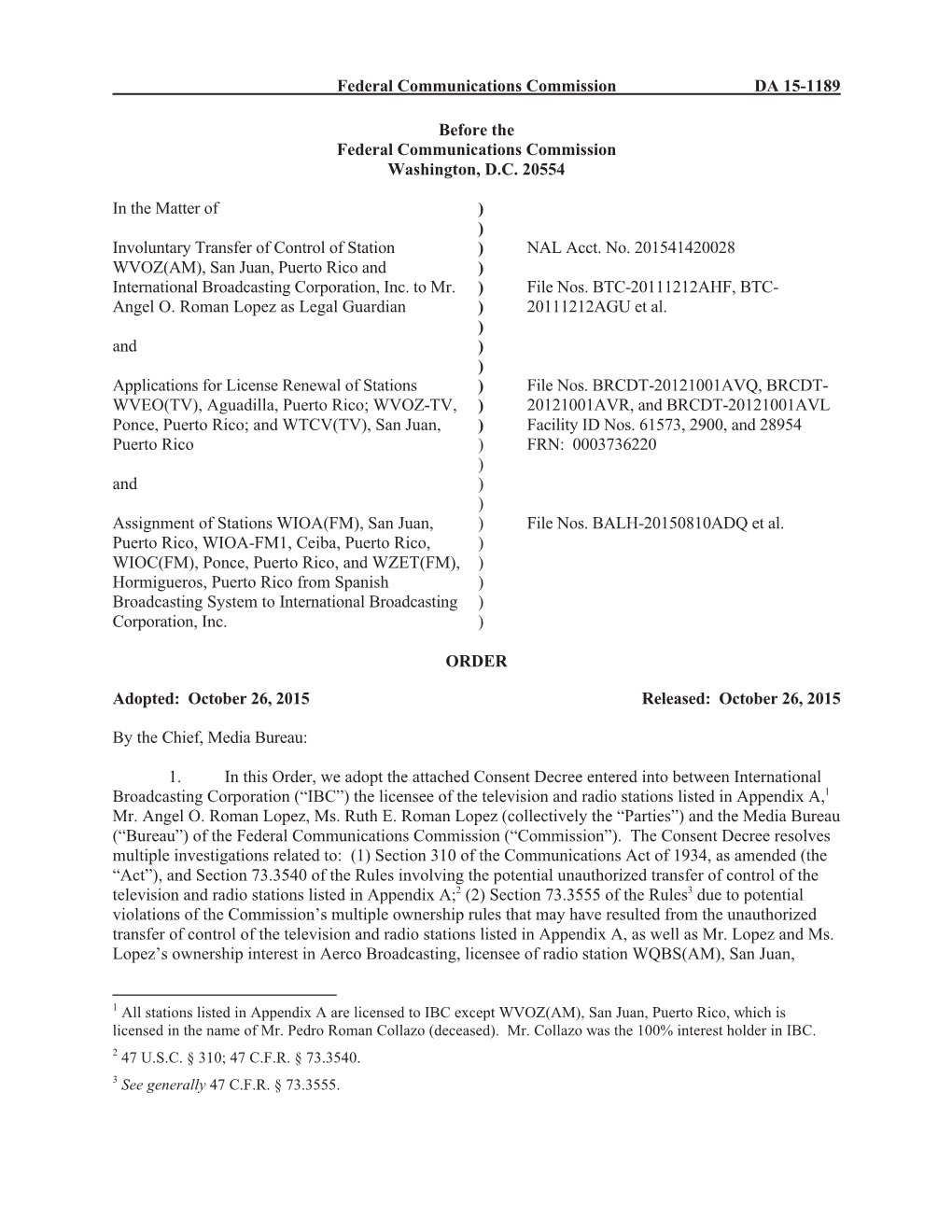 Federal Communications Commission DA 15-1189 Before the Federal