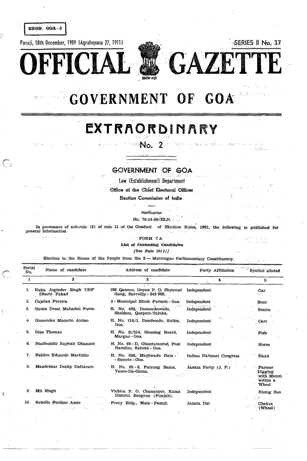 OFFICIAL Gazelle GOVERNMENT of GOA